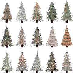 Obraz premium A collection of fifteen stylized and editable illustrations of Christmas trees in various colors and textures, presented in a grid format on transparent background.