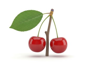 Two bright red, ripe fruits hang from a small branch with a single green leaf attached