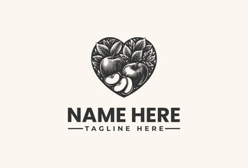 A heart-shaped logo illustration featuring a bear's face surrounded by leaves on a beige background with a placeholder text for a name and tagline in a vector style.