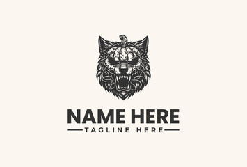 A black and white illustration of a stylized tiger's head logo with a customizable name and tagline on a clean white background.