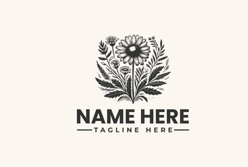 A logo design featuring a floral illustration with a sunburst flower and leaves on a beige background with space for a company name and tagline.