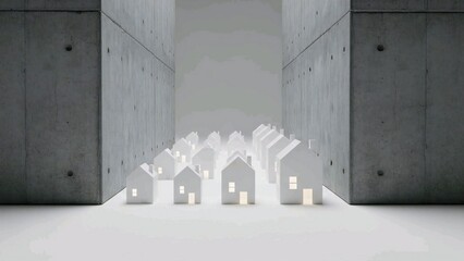 Small White Houses Under Pressure: Minimalist Housing Development Surrounded by Imposing Concrete Walls in Economic Recession Concept