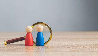 Searching for talent as a magnifying glass examines diverse wooden figures