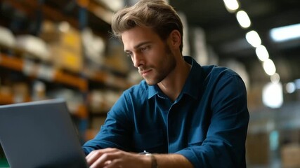 Faceless young male warehouse supervisor working on laptop defocused warehouse background with shelving and inventory professional logistics management supply chain coordination - Powered by Adobe