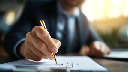Faceless businessman's hand using pen to tick checkbox defocused document on desk quality control checklist business approve project concept professional verification process