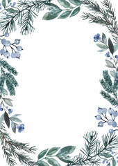 Watercolor winter botanical frame with pine and blue berries. Rectangle vertical border features hand-painted fir tree branches.  Holiday decorative background. PNG clipart