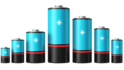 Assorted blue batteries in varying sizes arranged in a row isolated on transparent background