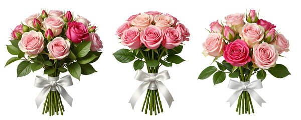 Collection of beautiful pink rose bouquets with white ribbon bows isolated on transparent background, floral gift element for Mother's Day