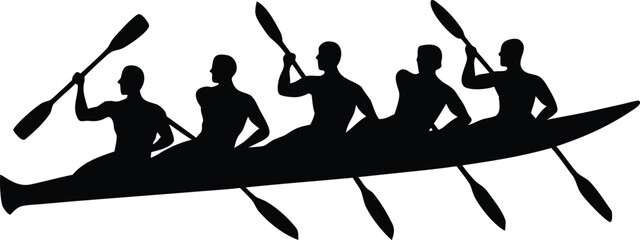 Kayak paddlers silhouettes in motion,kayakers dynamic rowing poses, water sport, outdoor recreation, adventure, vector illustrations