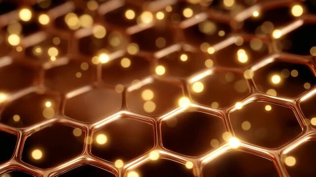 226Macro view of shining copper pipe ends forming a honeycomb pattern, glowing highlights from warehouse lights creating warm metallic reflections