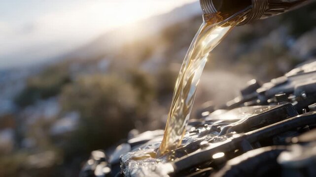 240Warm-toned antifreeze fluid poured carefully into modern hybrid engine, soft winter sunlight reflects off polished components, dry ground indicates snowless season, highly commerci