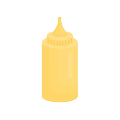 Mustard in a yellow bottle on a white background. Mustard for fast food restaurants. Kitchen elements.