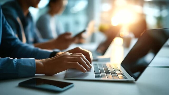 Faceless team business meeting with hands working on project defocused modern office background laptop and tablet on white desk smartphone visible morning light streaming prof
