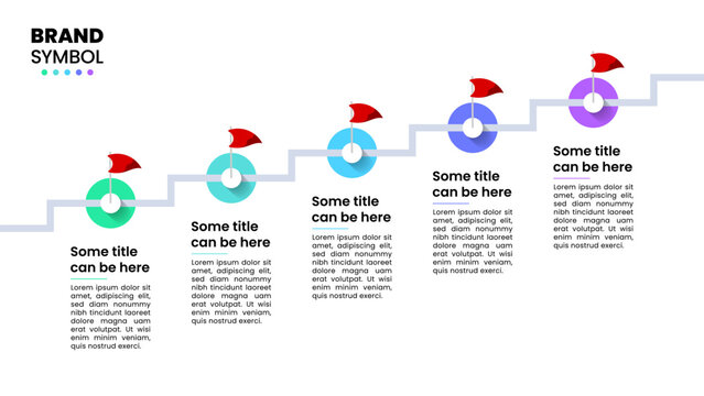 Infographic template. Staircase with 5 flags and text