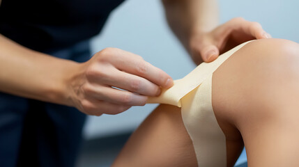 Applying medical tape to knee, offering joint support and stability. Healthcare professional ensures precise placement for effective therapy. Focus on patient well-being.