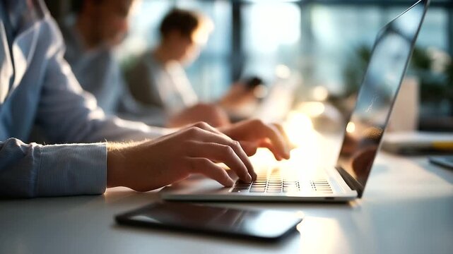 Faceless team business meeting with hands working on project defocused modern office background laptop and tablet on white desk smartphone visible morning light streaming prof