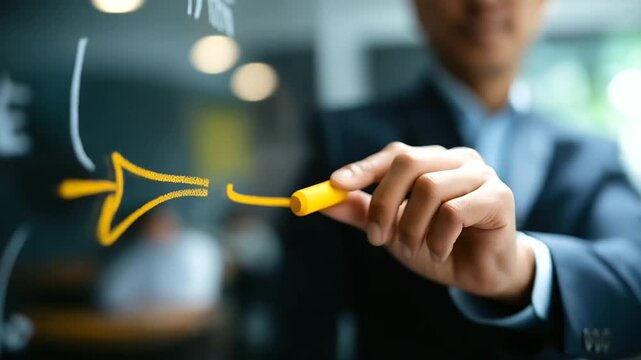 Faceless businessman's hand erasing white arrow and drawing yellow arrow on chalkboard defocused office background changing business management concept transformation