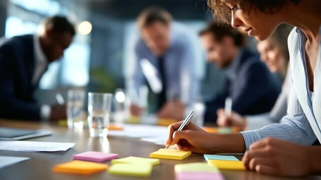 Faceless business people writing memos on colorful sticky notes defocused office meeting background planning strategy and brainstorming colleagues thinking concept creative pro