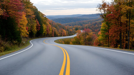 Winding road with autumn foliage. Vibrant fall colors frame a curved road leading into the distance. A scenic drive through colorful landscapes. An asphalt road through autumn.
