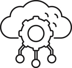 Simple line icon representing cloud computing management, featuring a gear and network connections