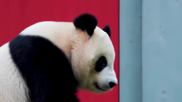 A close-up of a giant panda with white and black fur against a red and blue backdrop