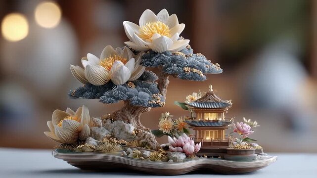 Oriental Elegance Paper Art Miniature Landscape Lotus Zen