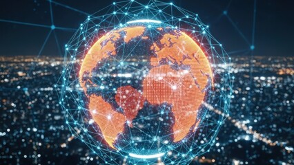 Digital glowing globe connected by blue network lines over city lights.