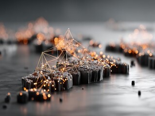 Golden network clusters forming geometric connections across textured dark surfaces, symbolizing data mapping, intelligence emergence, digital growth, and complex systems