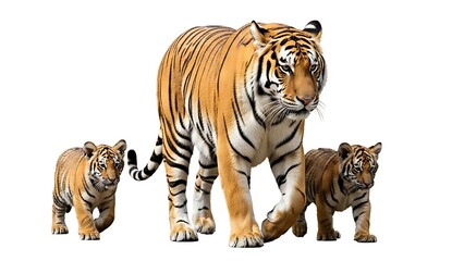 Majestic Tiger Mother with Two Adorable Cubs Walking Together.