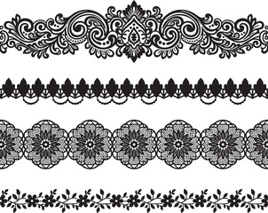 Fototapeta premium Set of Four Decorative Lace, Floral, and Ethnic Border Design Elements, Black Vector Illustration