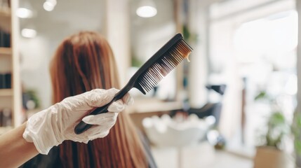 Hair stylist holding comb and glove in modern salon setting