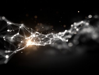 Futuristic flowing network of glowing white nodes and connecting lines forming an illuminated digital mesh across a dark background with soft spark-like highlights