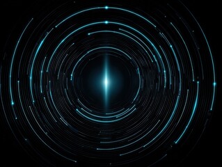 Futuristic blue digital rings orbiting a glowing central core, forming a sleek high-tech interface pattern that symbolizes precision, data flow, and advanced innovation