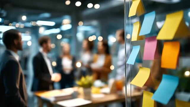 Faceless team brainstorming with colorful sticky notes on glass wall defocused office background collaborative teamwork and planning process business or project management