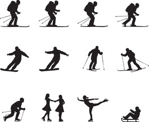Obraz premium Winter Sports Activity Silhouette Set, Skiing Snowboarding Ice Skating Icons