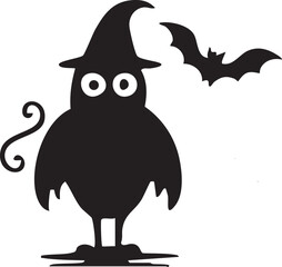 Cute Halloween Owl with Witch Hat and Flying Bat Silhouette, Vector Cartoon Illustration