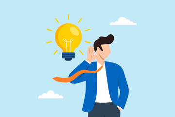 Flat illustration of businessman listening to glowing lightbulb symbolizing idea generation inspiration creativity innovation and leadership insight