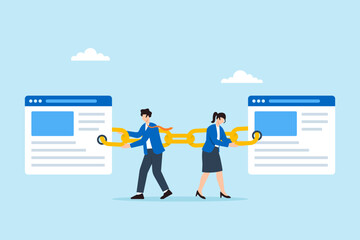 Flat illustration of businessman and businesswoman linking two web pages with chain symbolizing backlink strategy SEO optimization and digital marketing