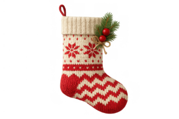 Knitted christmas stocking hanging, decorated with pine branches, red berries, and bow, festive holiday seasonal decor