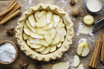 Fototapeta premium Homemade apple pie preparation with fresh ingredients and rustic decor on wooden table