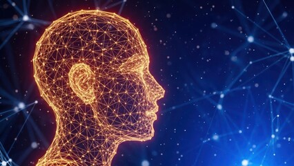 Wireframe human head profile against a dark blue digital network background.