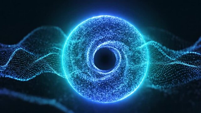 Abstract glowing blue particle vortex ring with digital waves, futuristic sci-fi energy portal background, technology big data flow. Generative Ai
