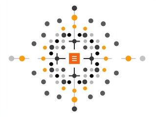 Geometric network of orange, gray, and black dots radiating symmetrically from a central square icon, symbolizing data mapping, structure, communication, and organized flow