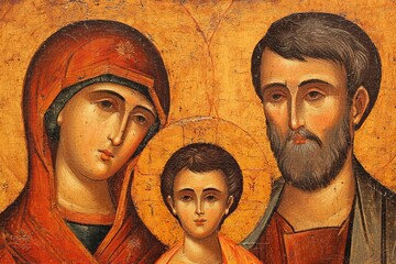 Ancient religious icon depicting the Holy Family with Mary, Joseph, and baby Jesus in traditional Byzantine style