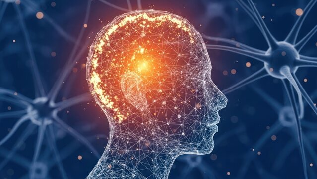 Wireframe human head profile with glowing neural network background - Powered by Adobe