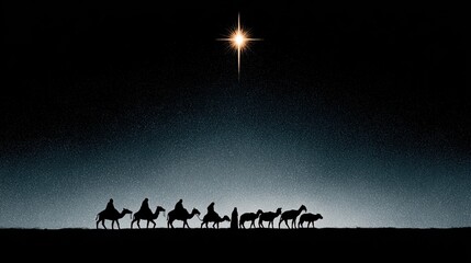 Three Wise Men follow the Star of Bethlehem across a dark desert landscape at night