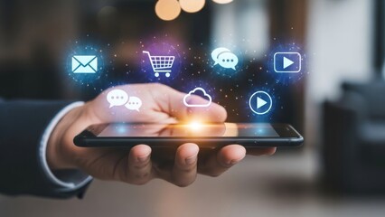 Hand holding smartphone with glowing digital service icons above