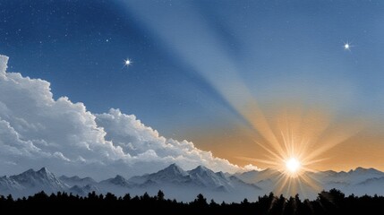 Majestic mountain range silhouetted against a dramatic sunrise with starry sky and clouds