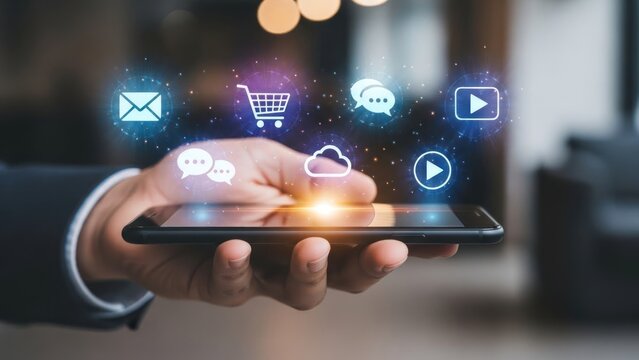 Hand holding smartphone with glowing digital service icons above - Powered by Adobe