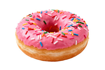 Delicious donut with pink icing and colorful sprinkles